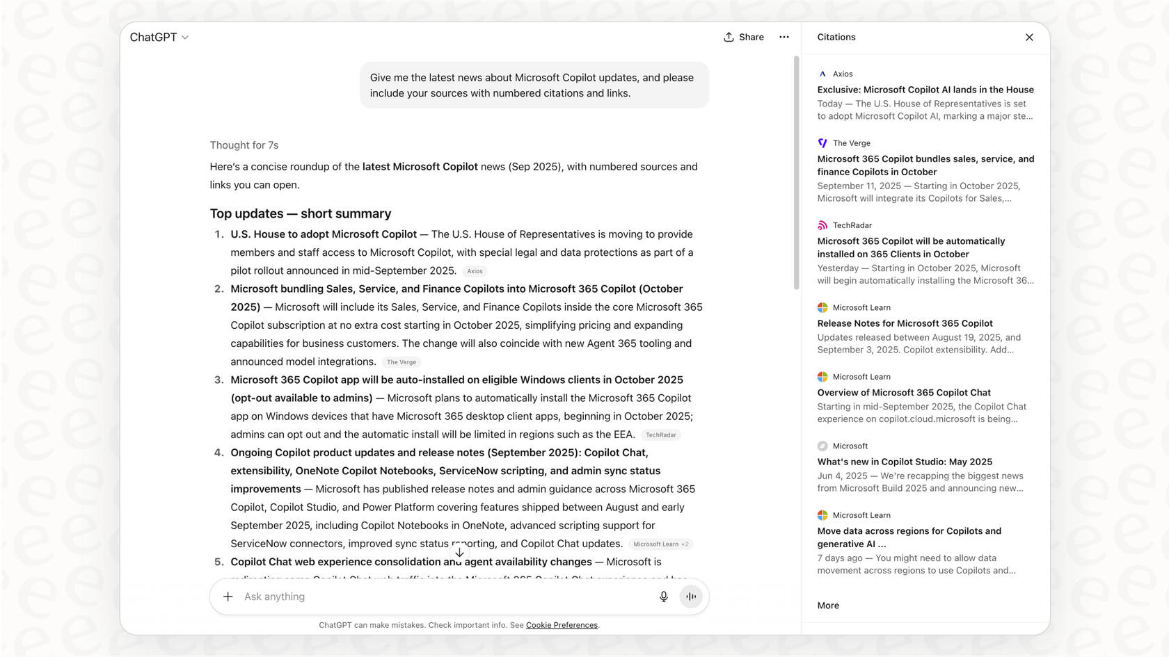 A screenshot showing ChatGPT providing up-to-date information with sources, a key strength in the ChatGPT vs. Claude comparison.