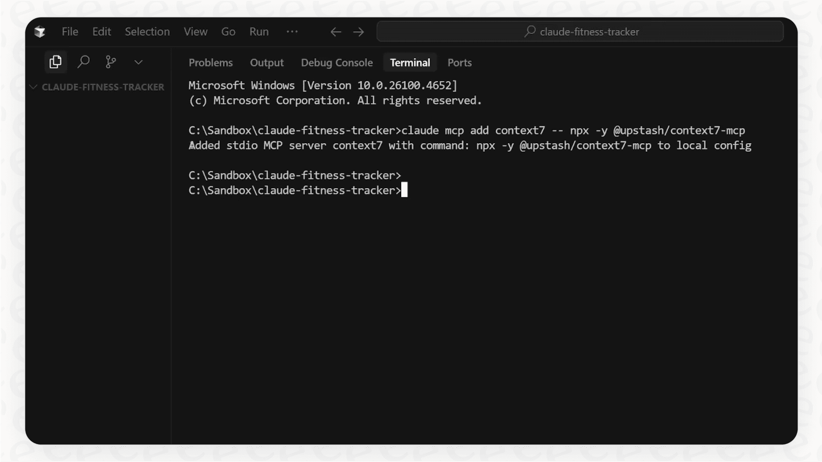 A terminal window screenshot illustrating the technical commands required for a Claude Code MCP server integration.