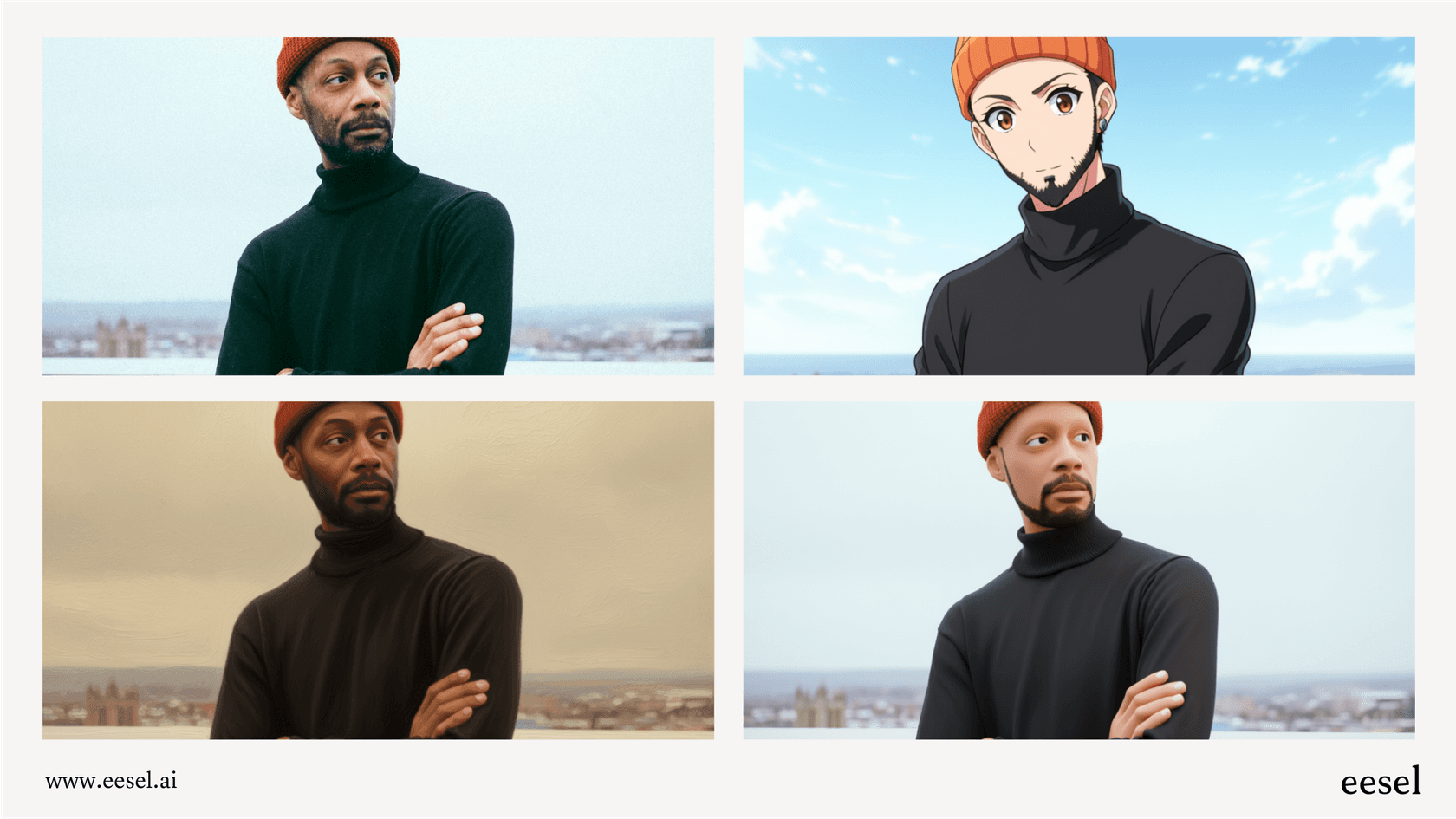 Four-panel image demonstrating how Qwen Image Edit can transform a photograph of a person into different artistic styles.