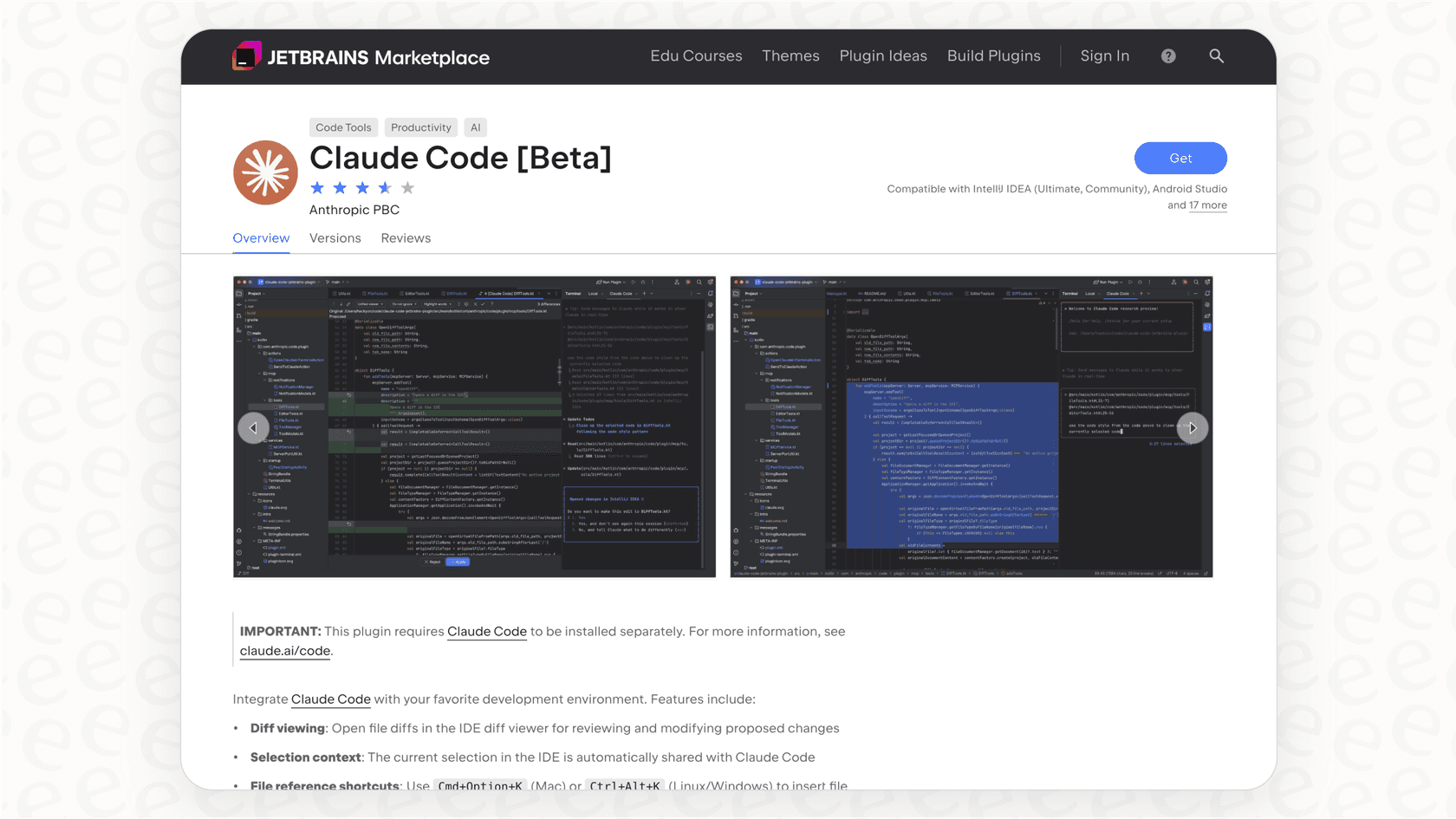 The setup process for the Claude Code IDE integration in a JetBrains IDE, showing the Claude Code plugin in the marketplace.