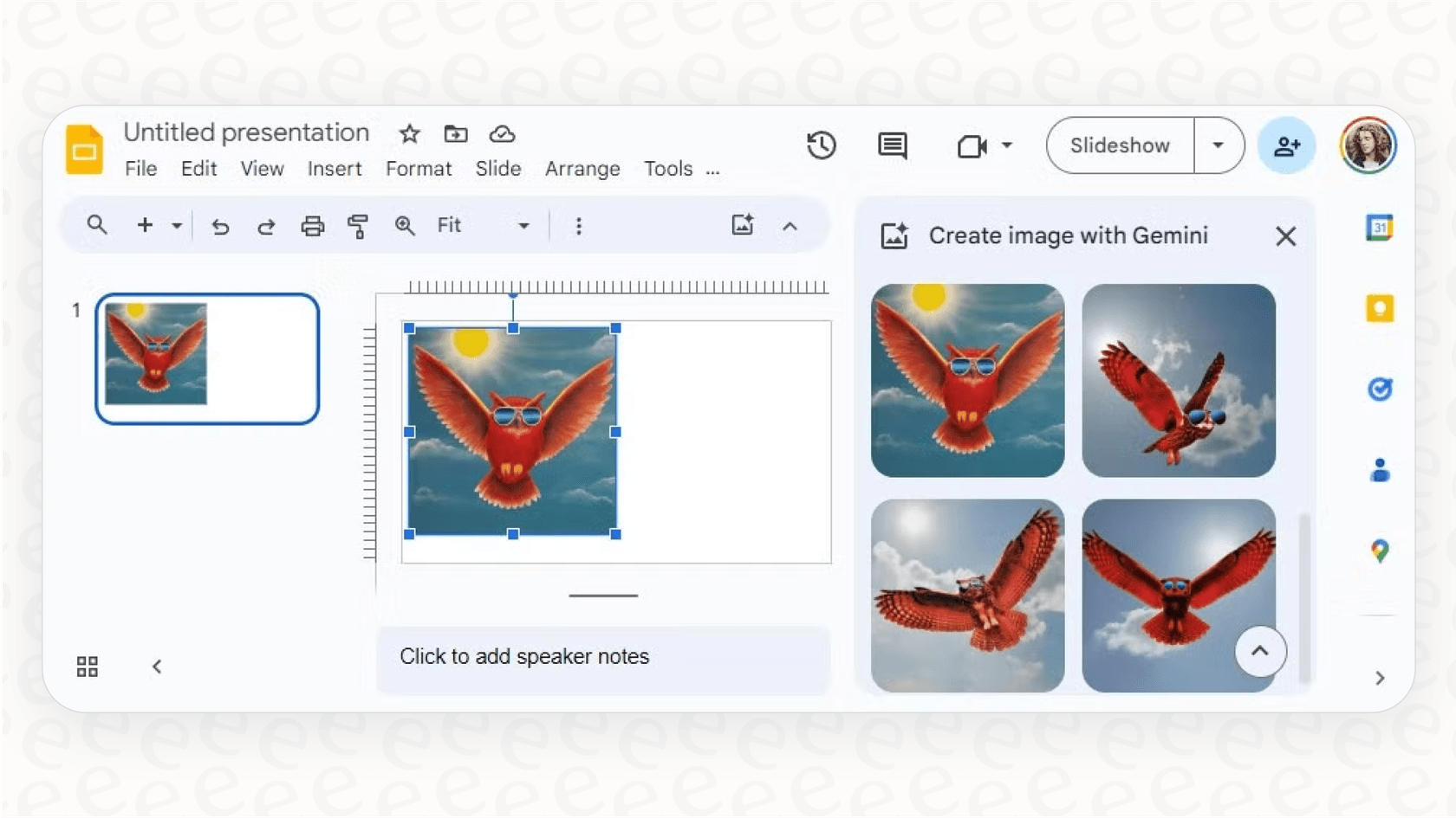 A screenshot showing the image creation feature of Gemini for Google Workspace within Google Slides, generating visuals from a text description.