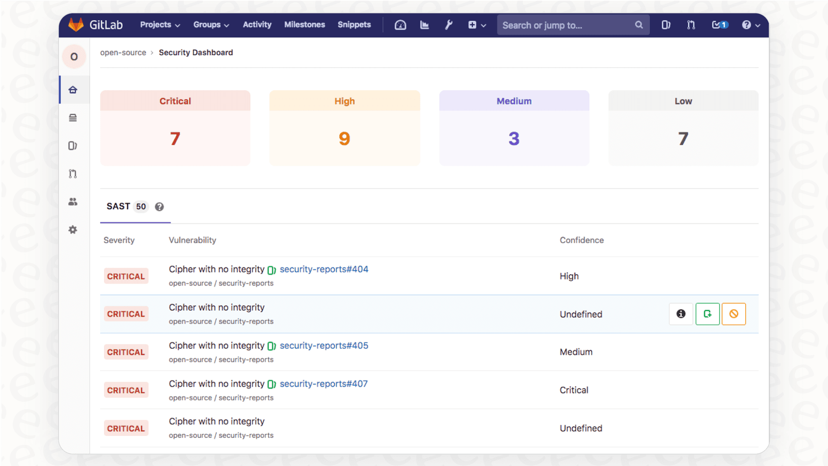 A GitLab overview of the security dashboard, showing how the platform reports on vulnerabilities like SAST and DAST findings.