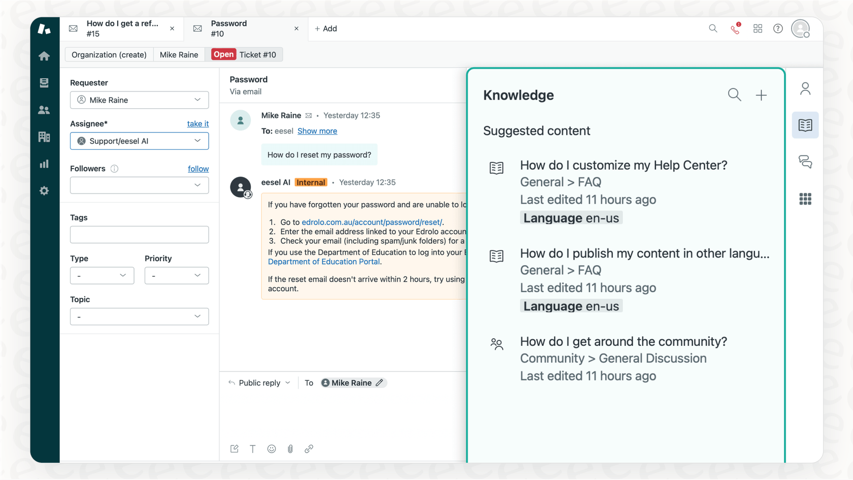 An IT support ticketing system interface showing an agent viewing a ticket while receiving a contextually relevant knowledge base article suggestion to help them resolve the issue faster.