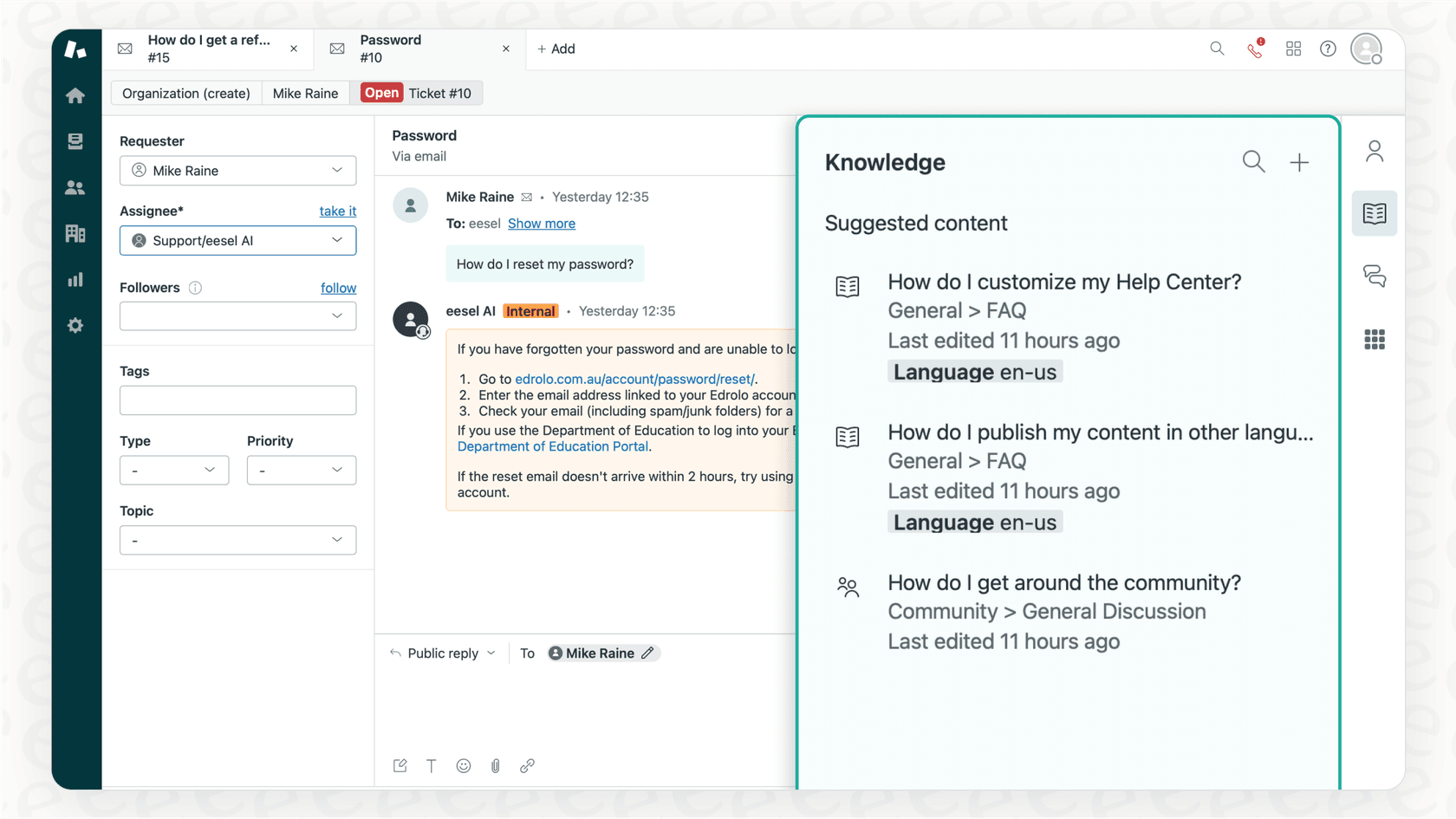 An IT support ticketing system interface showing an agent viewing a ticket while receiving a contextually relevant knowledge base article suggestion to help them resolve the issue faster.
