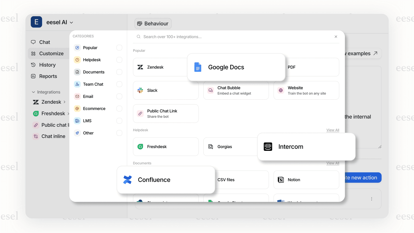 The eesel AI platform showing one-click integrations, a faster alternative to building manual connections with ChatKit Widgets.