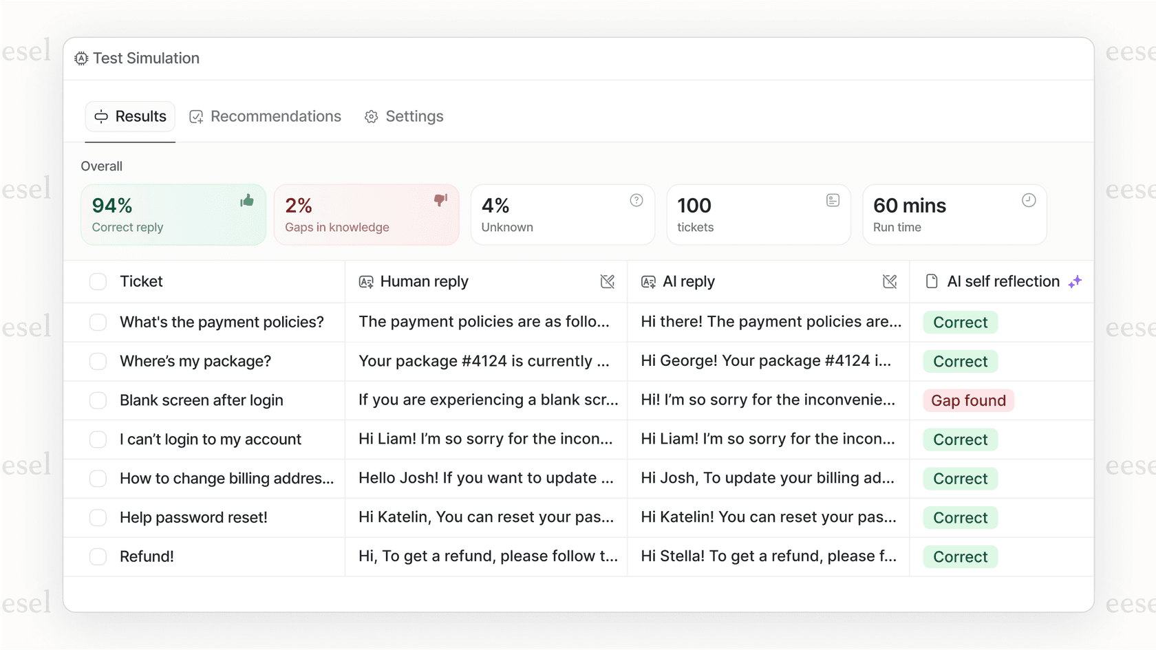 A screenshot of a simulation mode dashboard used to test the performance of a custom ai in microsoft teams before deployment.