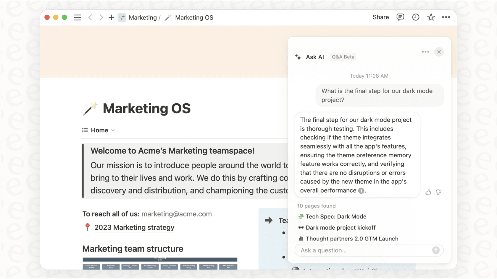 Screenshot of the Notion AI Q&A feature, where a user asks "What are our Q3 marketing goals?" and the AI provides a summarized answer with a source link to the relevant Notion page, demonstrating a key use case for artificial intelligence products.