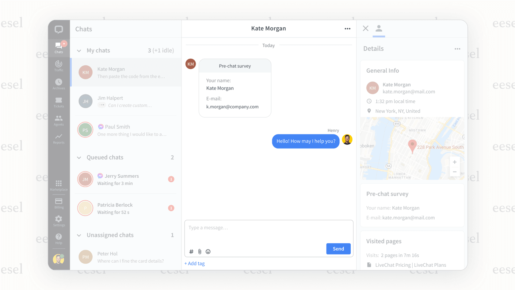 A screenshot of the LiveChat agent interface, a popular live chat software for website, displaying the tools agents use to manage customer conversations.