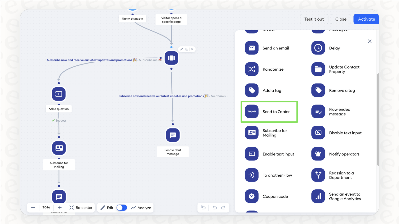 A screenshot of Tidio's drag-and-drop interface, a key feature that makes it one of the easiest My AskAI alternatives to use for building chatbots.