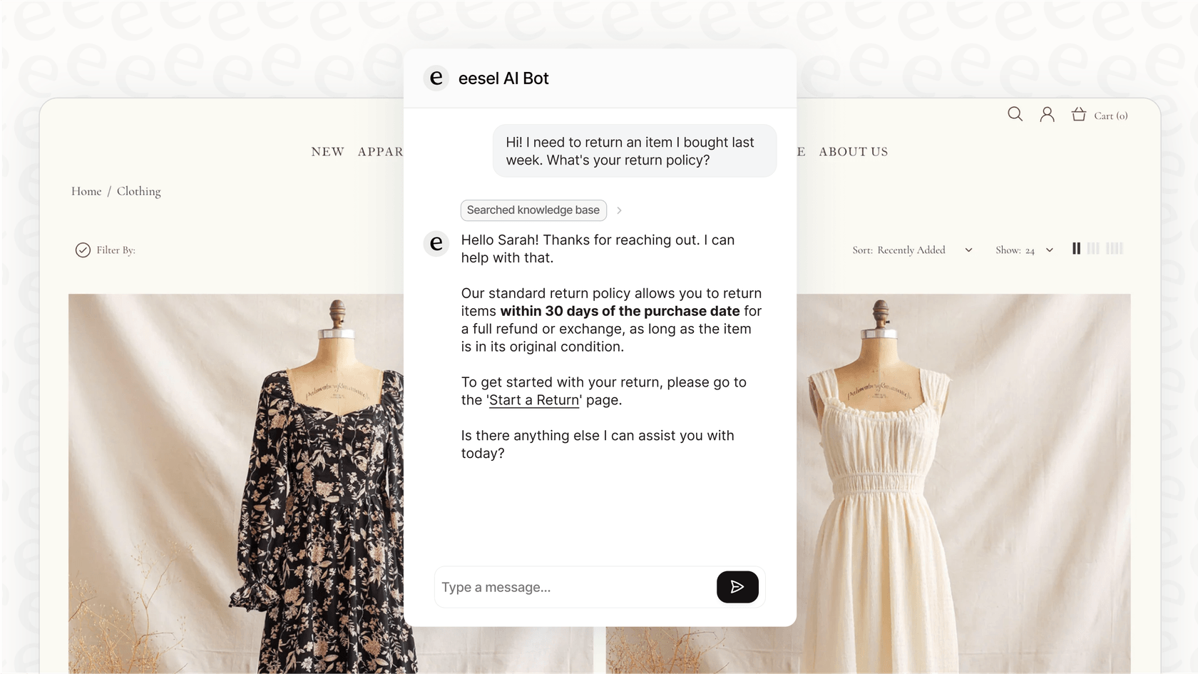 A screenshot showing an AI-powered live support chatbot correctly answering a customer question about a return policy.