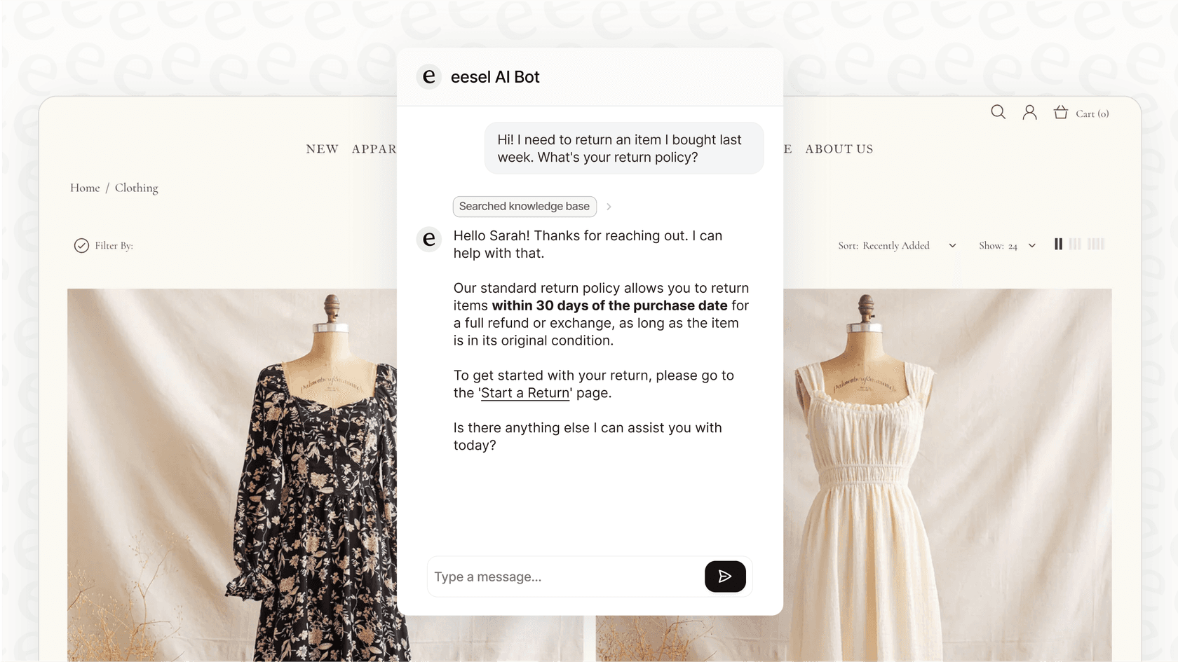 A screenshot showing an AI-powered live support chatbot correctly answering a customer question about a return policy.