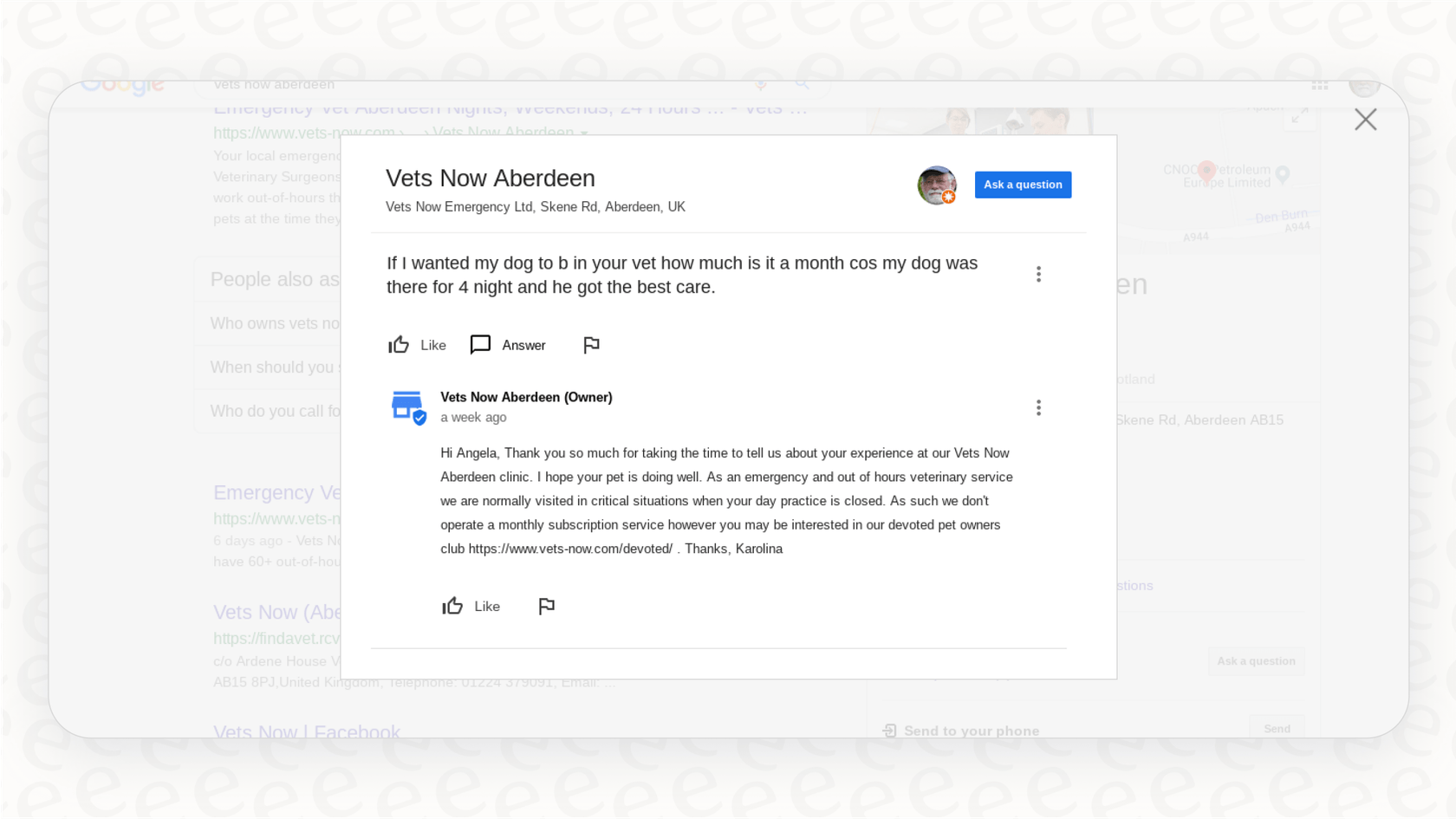 A screenshot of the Q&A section on a Google Business Profile where a customer asks