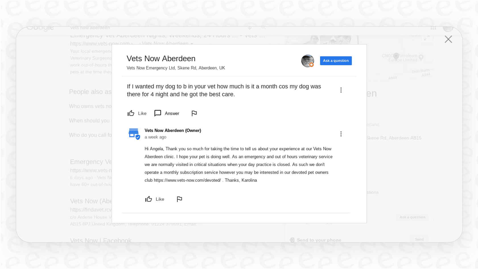 A screenshot of the Q&A section on a Google Business Profile where a customer asks "Are you open on Sundays?" and the business owner has replied, "Yes, we are open from 10 am to 4 pm on Sundays!" as part of their Google Business customer service.