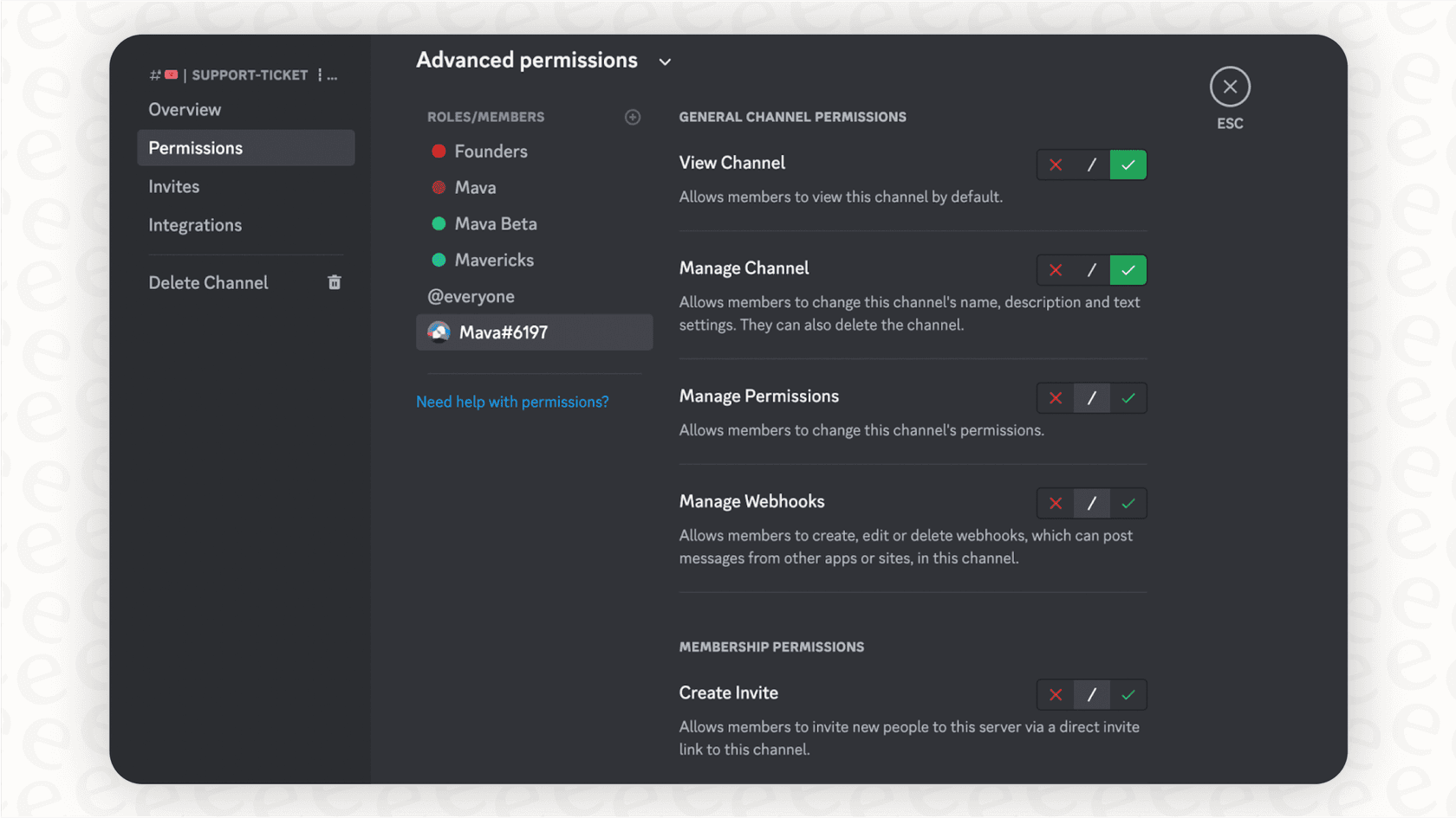 Screenshot for a Discord overview displaying the roles management interface, where server owners can create roles and assign specific permissions.