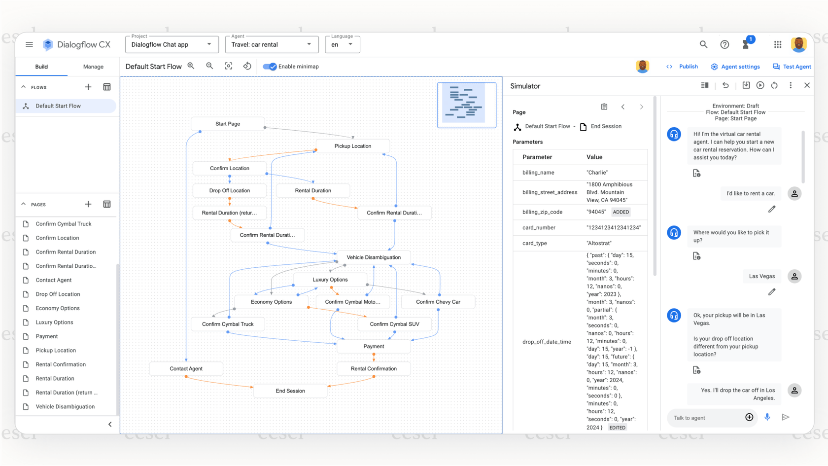 A screenshot of the Google Dialogflow developer interface, a platform-level tool for teams building custom Watson AI alternatives from the ground up.