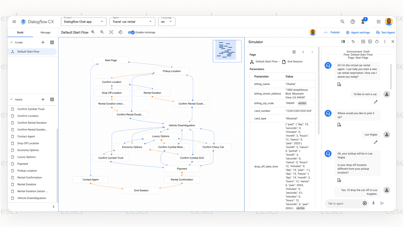 A screenshot of the Google Dialogflow developer interface, a platform-level tool for teams building custom Watson AI alternatives from the ground up.