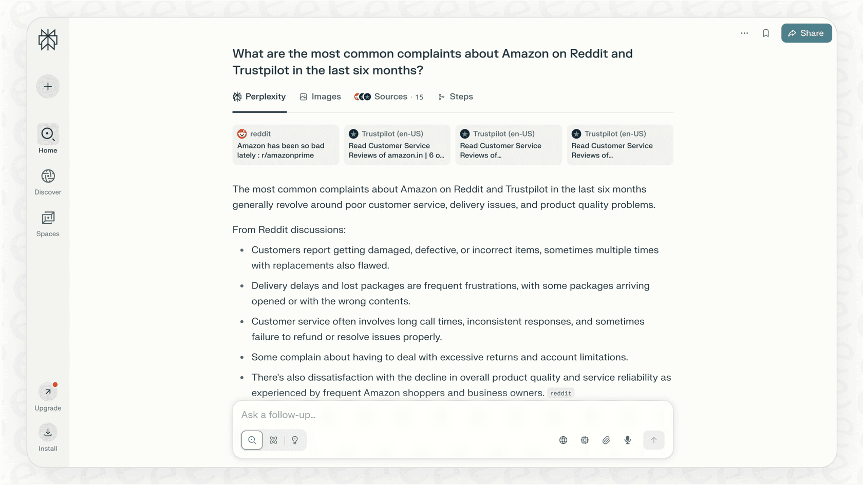 Screenshot showing a Perplexity overview of a practical business use case: conducting market research and competitive analysis.
