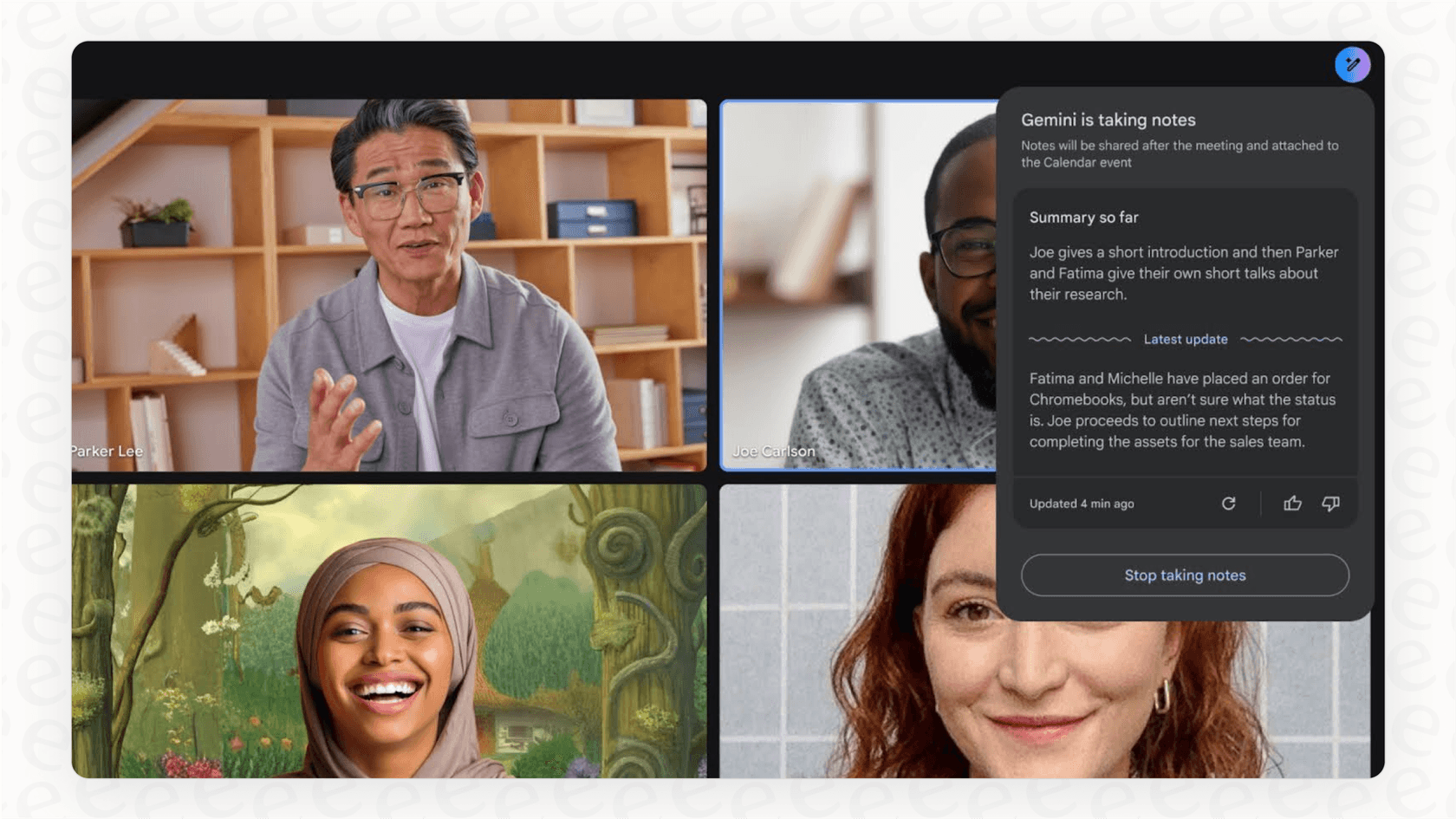 A screenshot of the Google Meet call screen showing the button for activating the Google Workspace Gemini note-taking feature during a video meeting.