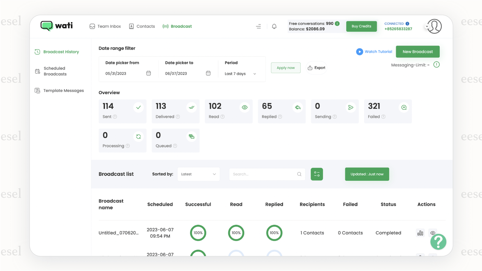 A screenshot of the Wati dashboard which includes a shared inbox, making it one of the best WhatsApp chatbot solutions for teams.