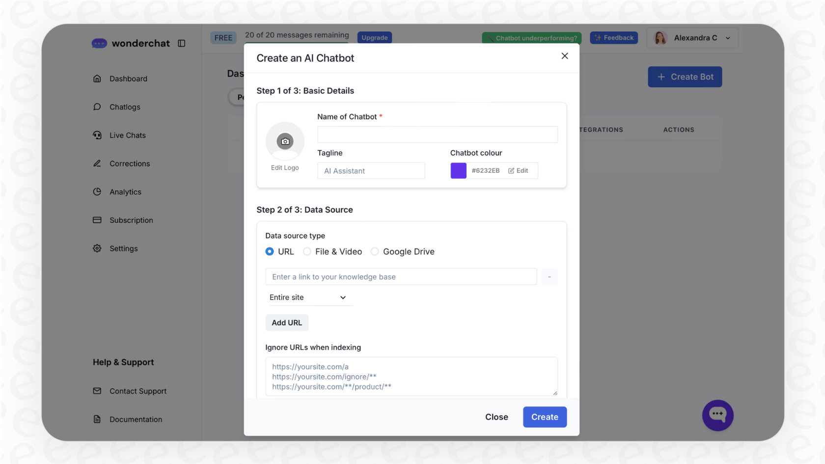 A screenshot showing how easy it is to start with Wonderchat, a top choice for simple My AskAI alternatives, by just inputting a website link.