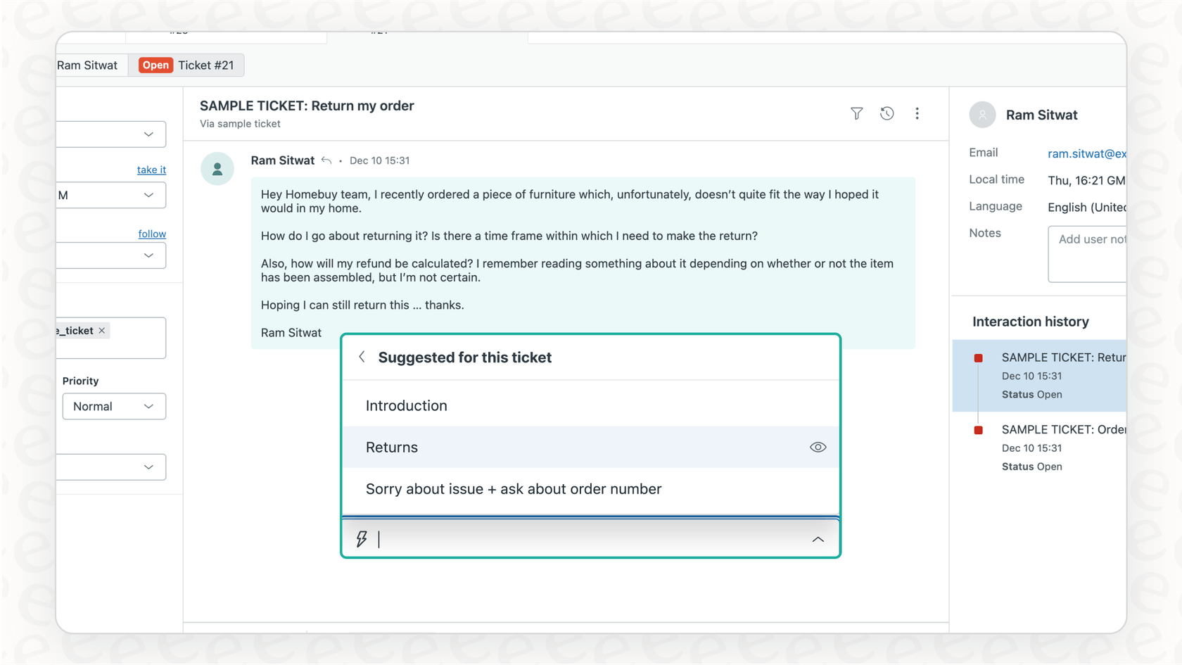 Screenshot showing the agent workspace in Zendesk, where one of the platform's artificial intelligence products suggests a relevant reply to a customer query about a refund policy.