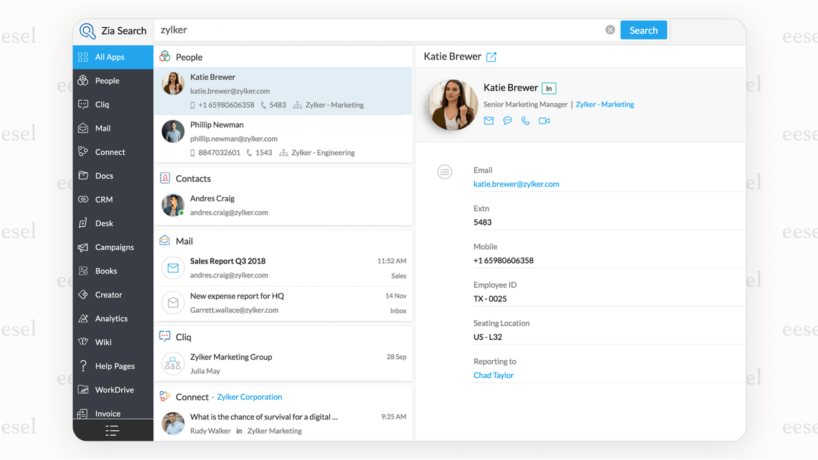 Uma captura de tela mostrando a interface do Zoho CRM com o assistente de IA Zia, demonstrando como esta ferramenta versátil de gestão de CRM incorpora inteligência artificial.