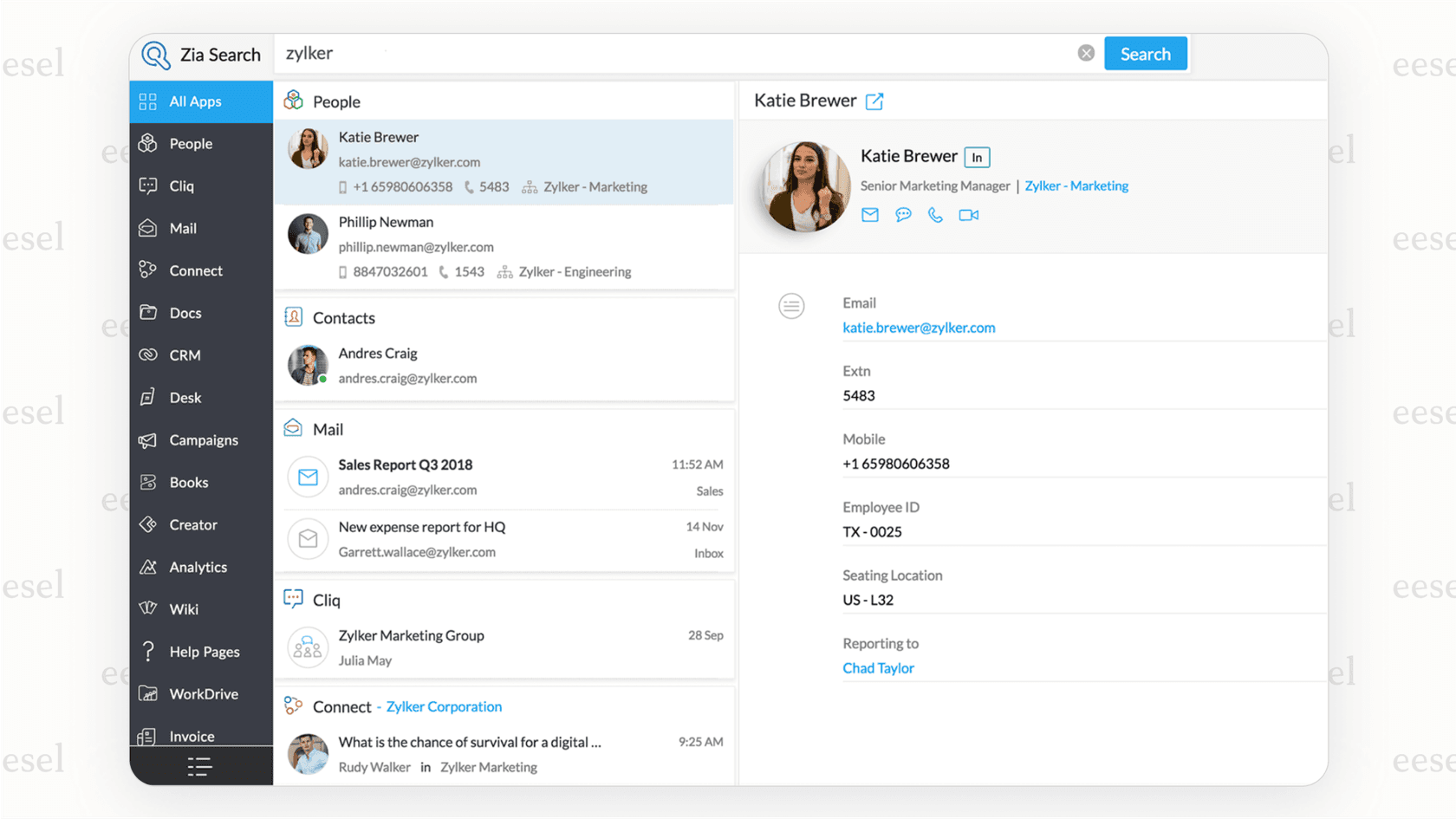 A screenshot showing the Zoho CRM interface with the Zia AI assistant, demonstrating how this versatile CRM management tool incorporates artificial intelligence.