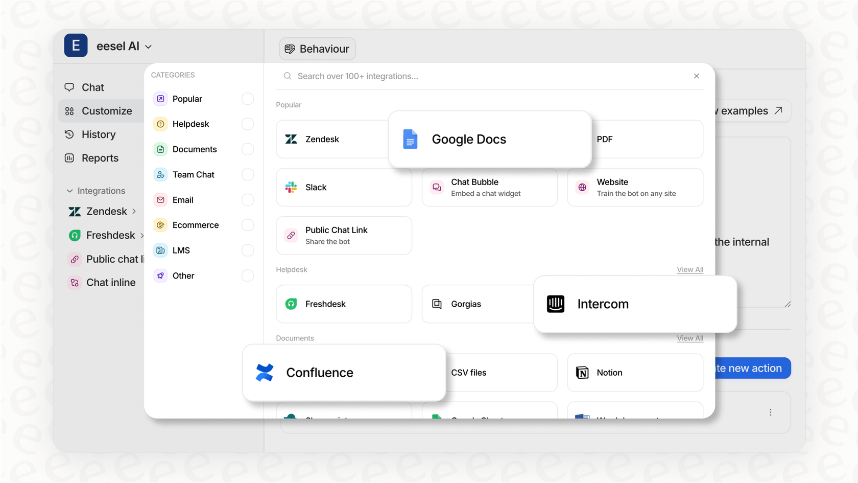 A screenshot of the eesel AI dashboard displaying multiple connected knowledge sources, showcasing an alternative to the self-contained Zendesk Guide pricing model.