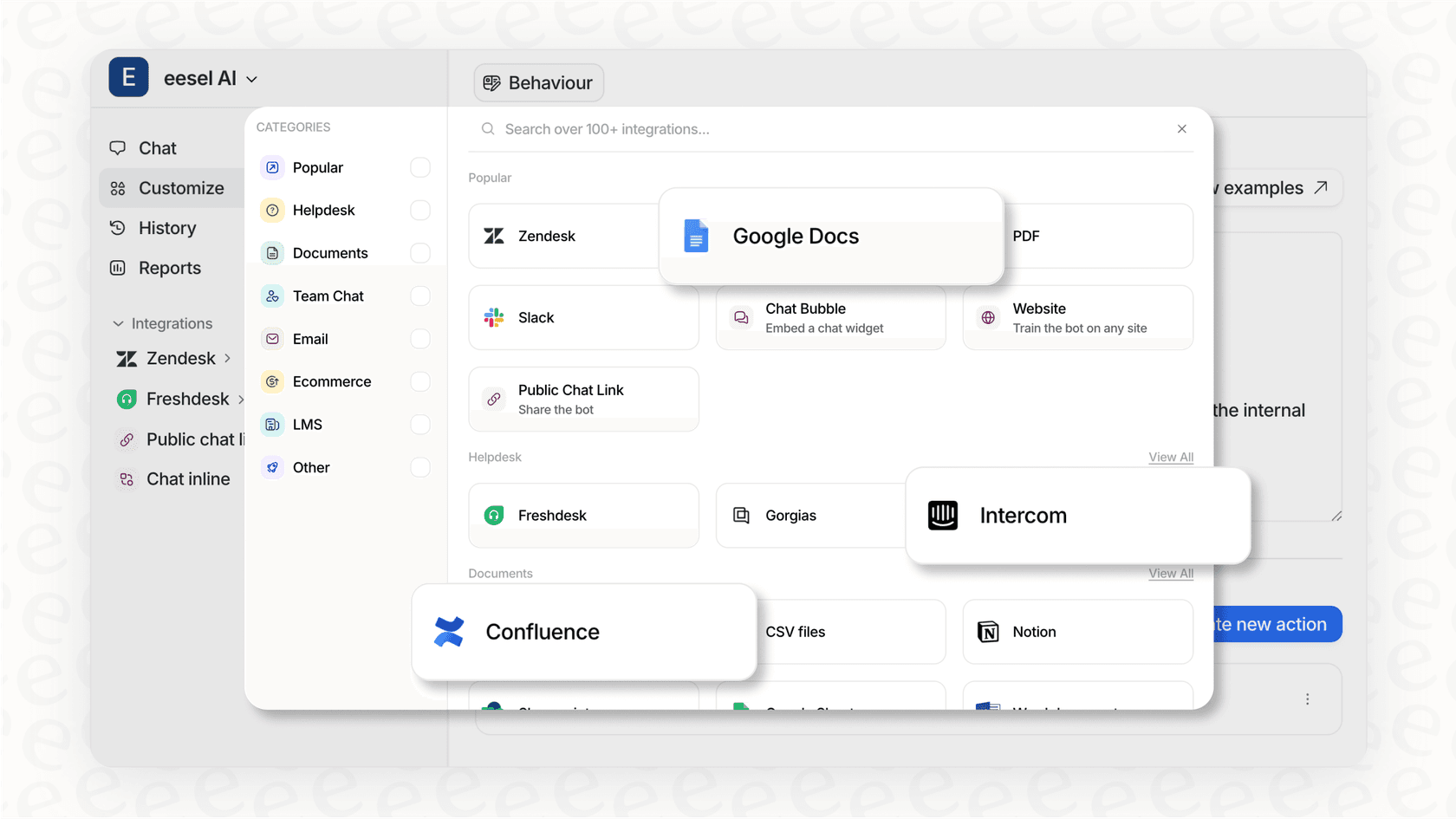 A screenshot of the eesel AI dashboard displaying multiple connected knowledge sources, showcasing how it complements the Zendesk Guide pricing model.