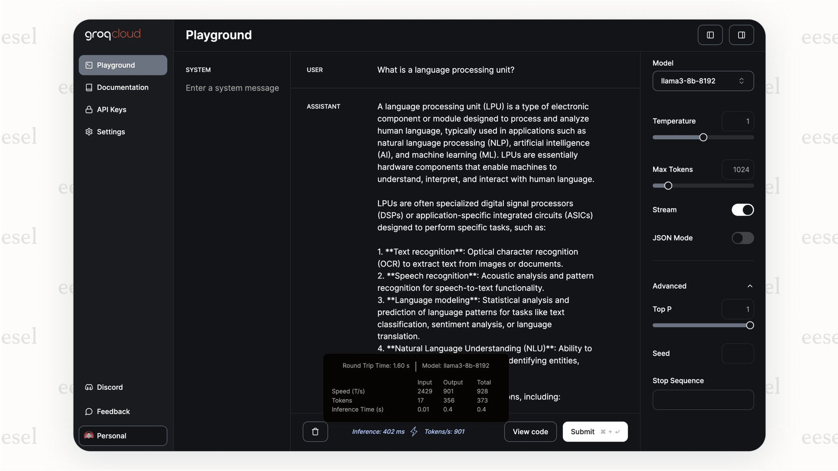 A screenshot from the Groq web playground showing a very fast response being generated, highlighting its impressive token-per-second performance.