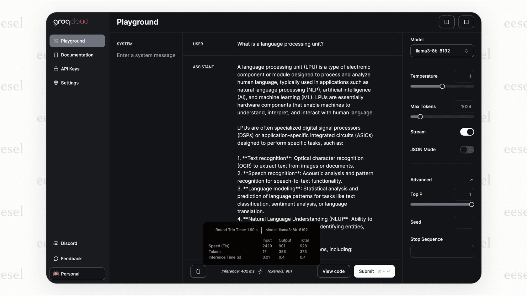 A screenshot from the Groq web playground showing a very fast response being generated, highlighting its impressive token-per-second performance.