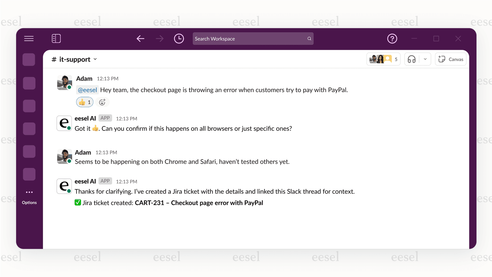 eesel AIのようなノーコードプラットフォームによるAI搭載ボットが、Slack上のユーザーと対話してJiraチケットを自動作成している様子。