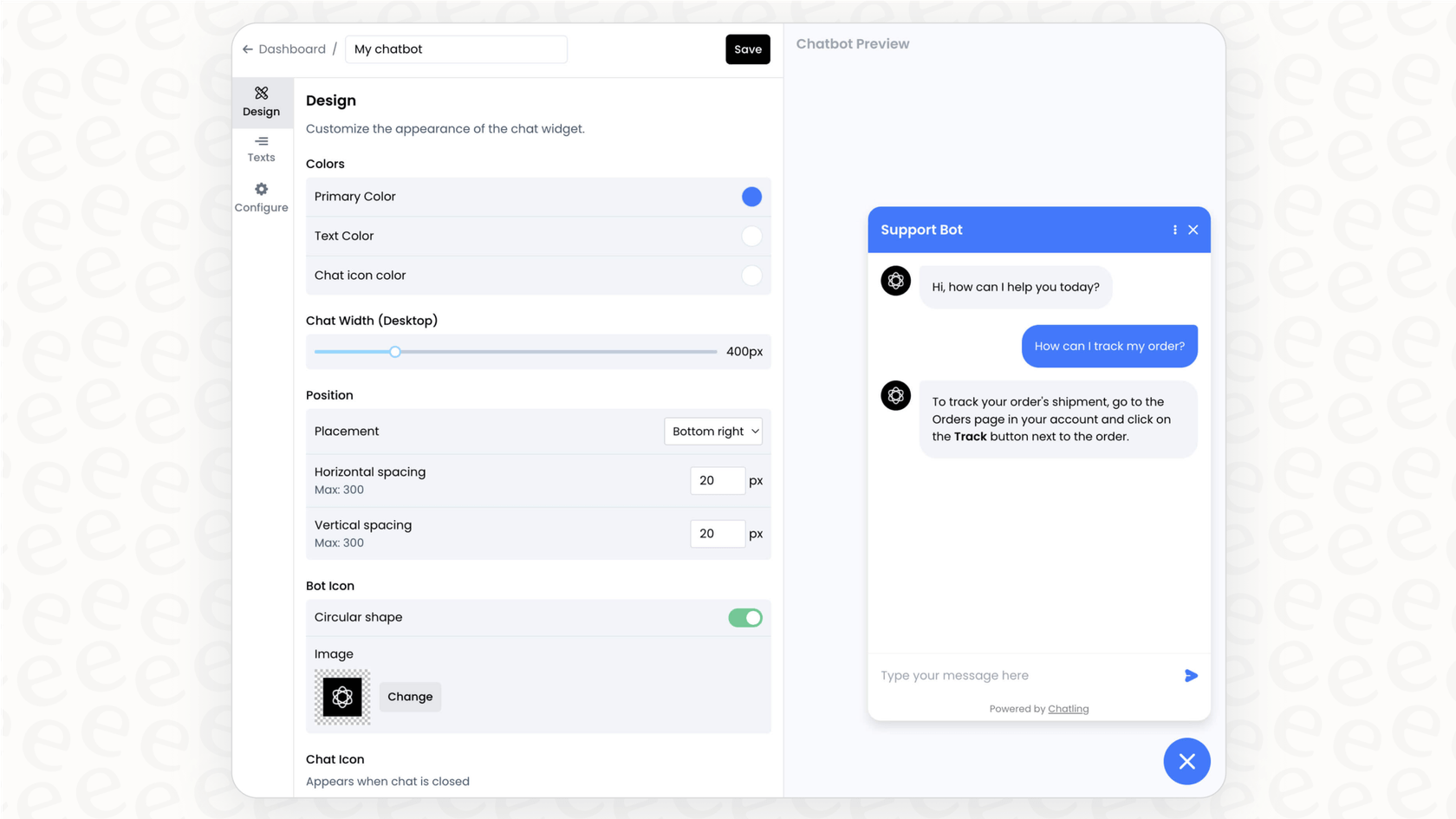 A view of the Chatling settings, an international-focused option among My AskAI alternatives, showing its extensive language support.