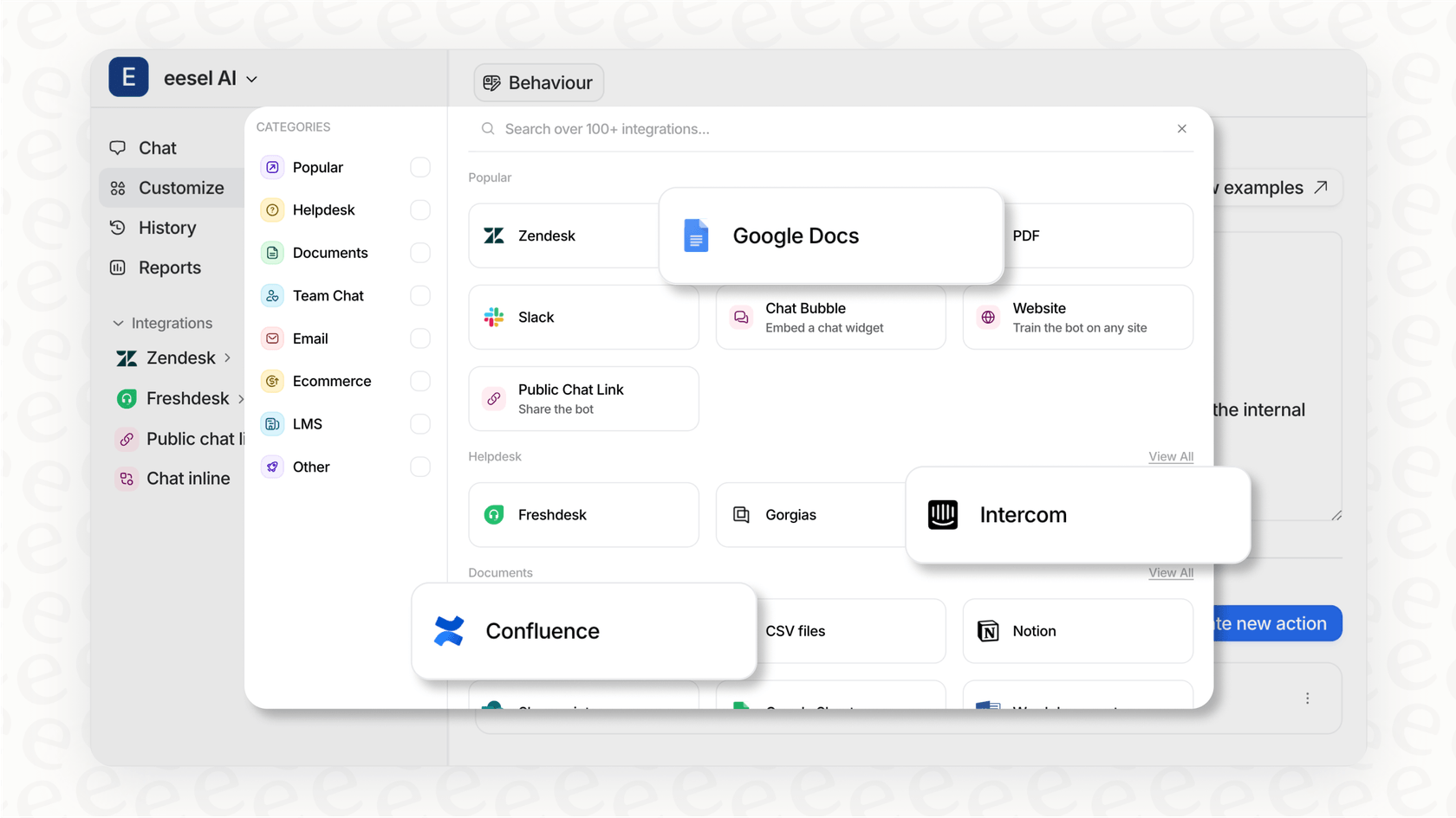 A screenshot of the eesel AI integrations page, demonstrating how a modern ticket management system can connect to all of a company's existing knowledge sources.