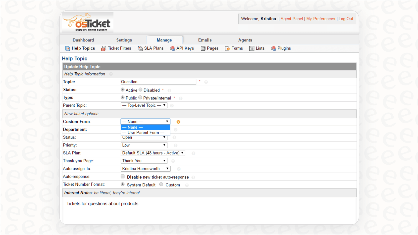 A view of the back-end of the osTicket free ticketing system for small business, showing the form builder where a user can add custom fields and help topics for full control.