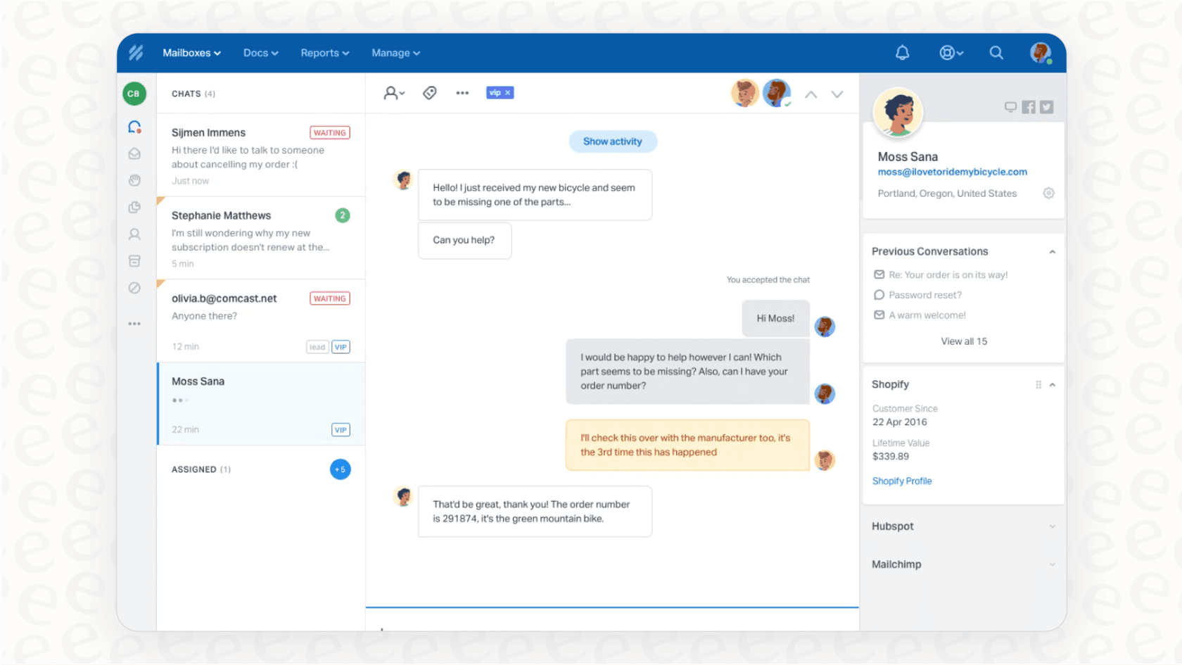 A screenshot of the Help Scout ecommerce help desk software, highlighting its clean, email-like shared inbox designed for human-centric team collaboration.