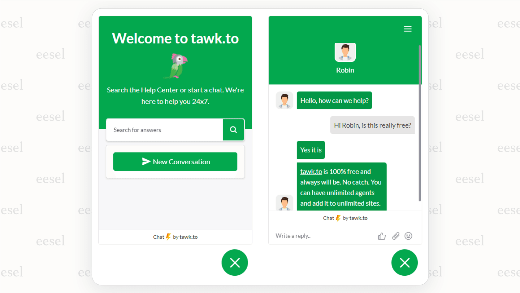 A screenshot of the Tawk.to chat widget, showing the branding included with the free version of its live chat software for website.