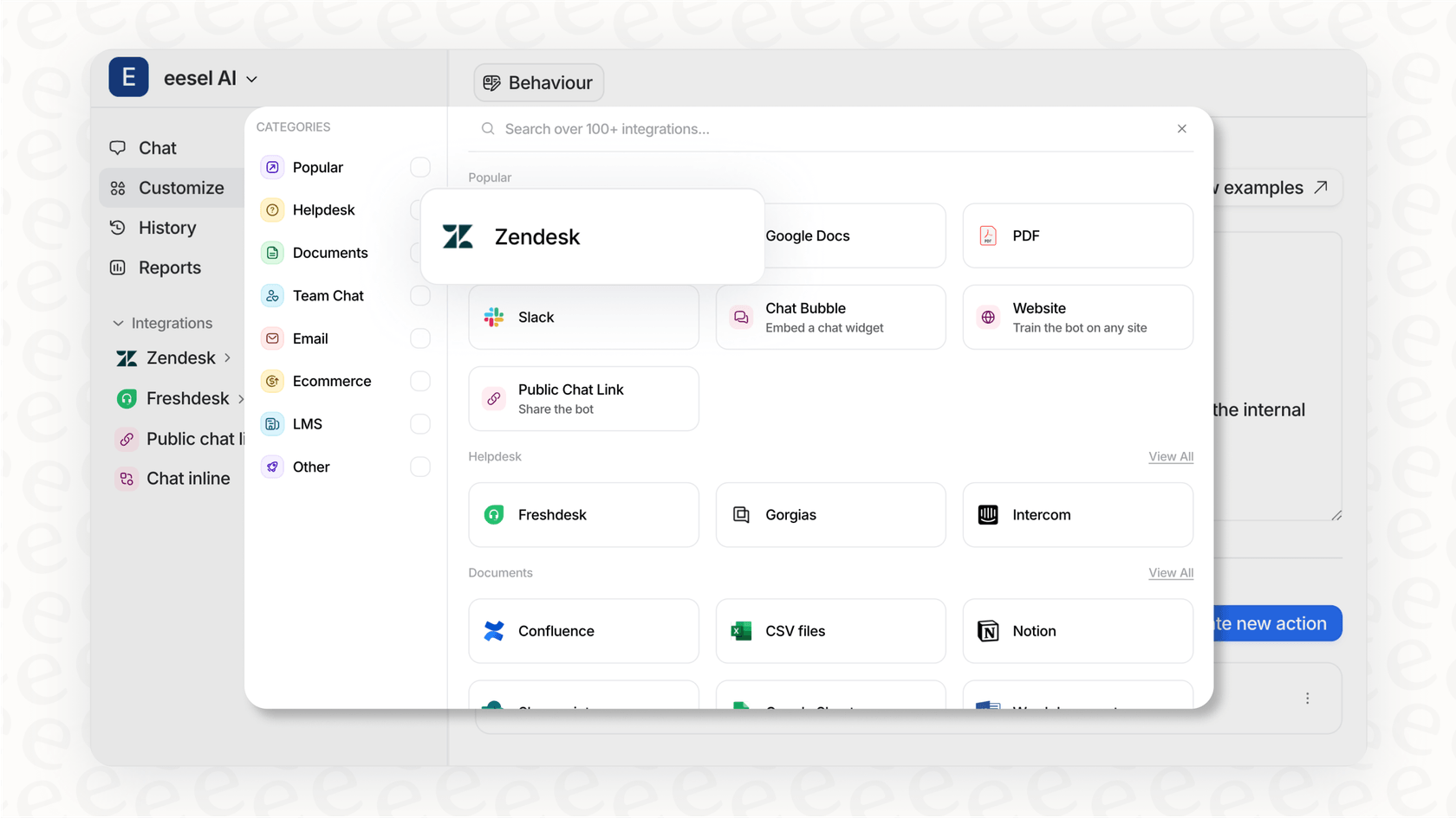 A screenshot of the eesel AI integration page, contrasting its simplicity with the complexity of Zendesk Suite pricing and setup.