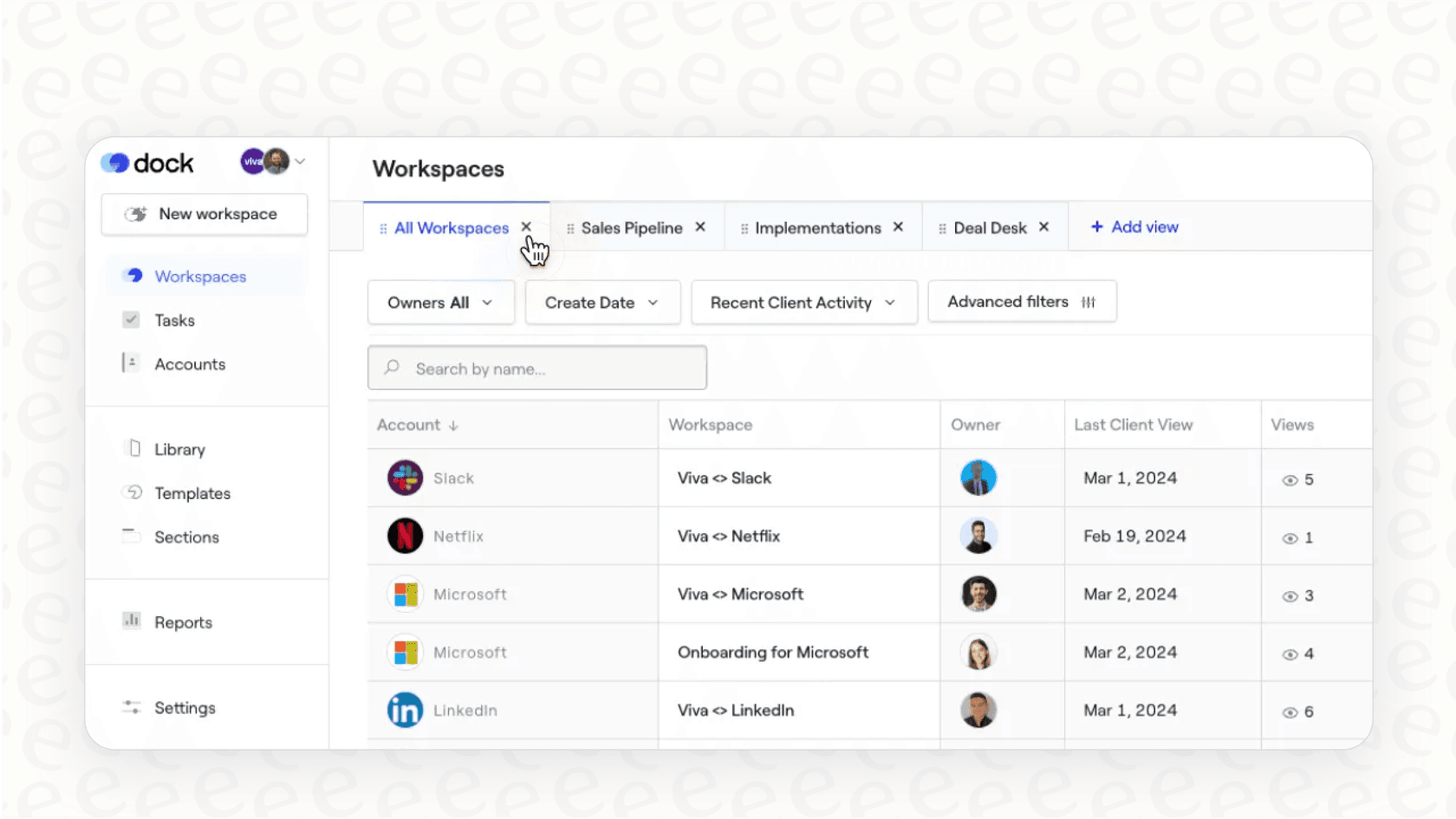 A screenshot of the Dock.us SaaS onboarding software platform, displaying a shared customer portal for high-touch B2B implementation projects.