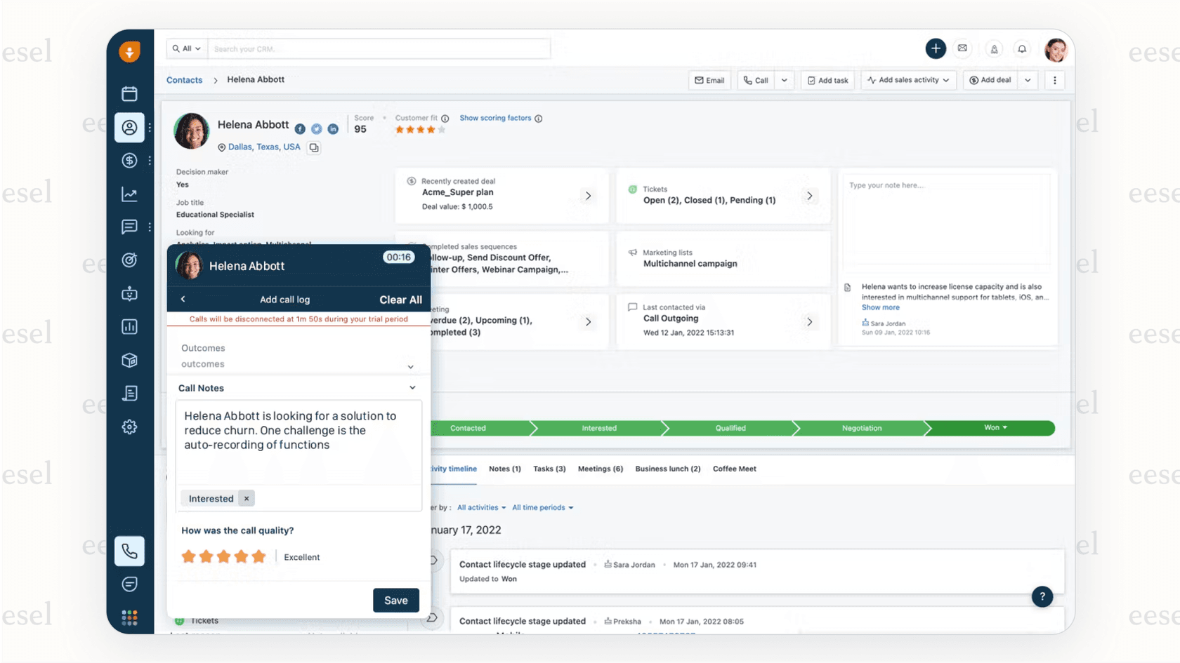 A screenshot of the Freshsales platform, a solid choice for CRM management tools, showing its integrated communication features and Freddy AI lead scoring.