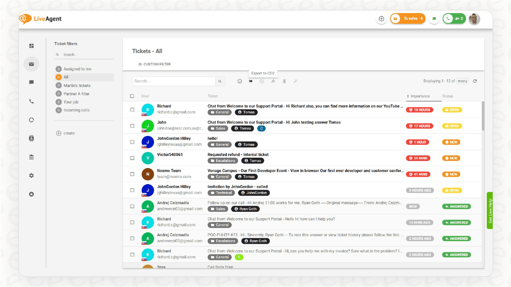 A screenshot of the LiveAgent free ticketing system for small business, displaying a ticket view that clearly shows the conversation history from a website live chat session.
