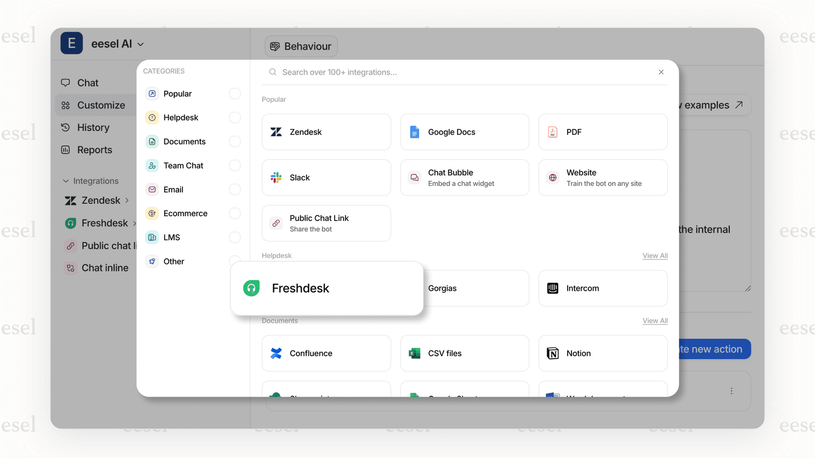ã¯ã³ã¯ãªãã¯çµ±åãä»ããŠFreshdeskãã±ããã·ã¹ãã ãeesel AIãã©ãããã©ãŒã ã«æ¥ç¶ããã®ãããã«ç°¡åãã瀺ãã¹ã¯ãªãŒã³ã·ã§ããã