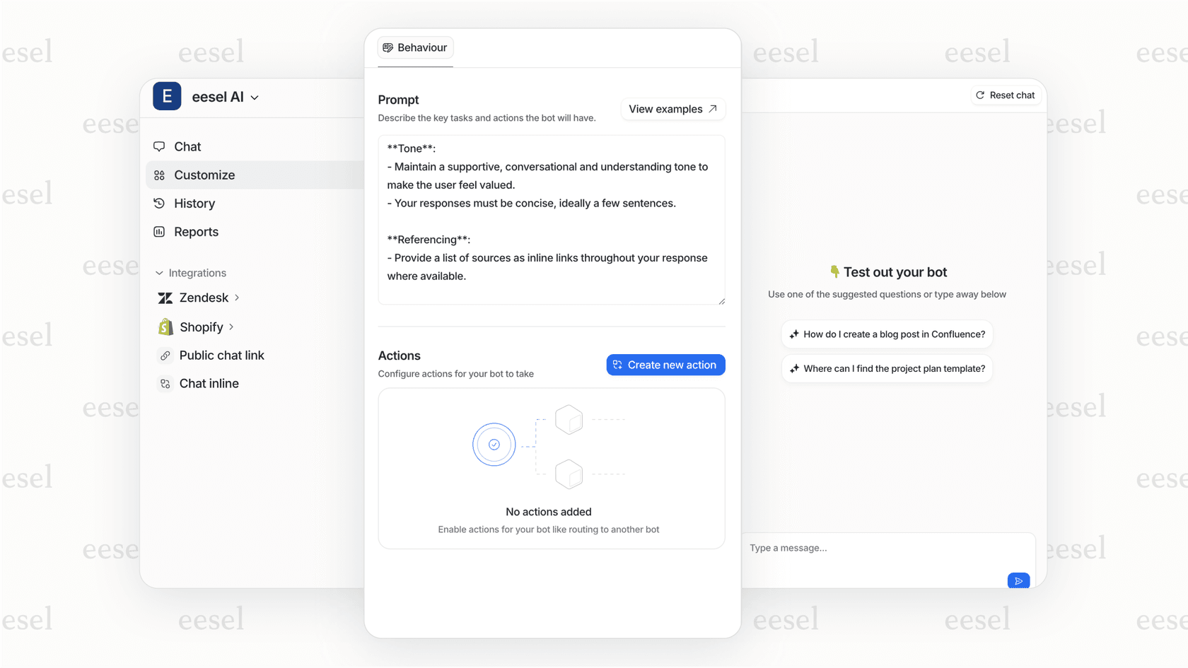 A screenshot of the eesel AI control panel, showing the prompt editor that allows businesses to safely manage their Frontier AI agent
