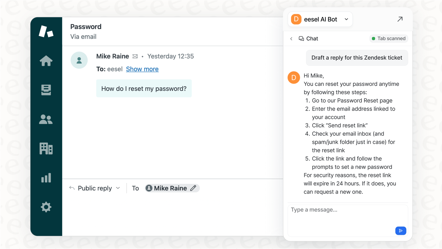 A screenshot of the eesel AI Agent working directly within the Zendesk interface to assist a support agent, a key difference from the separate Notion AI assistant.