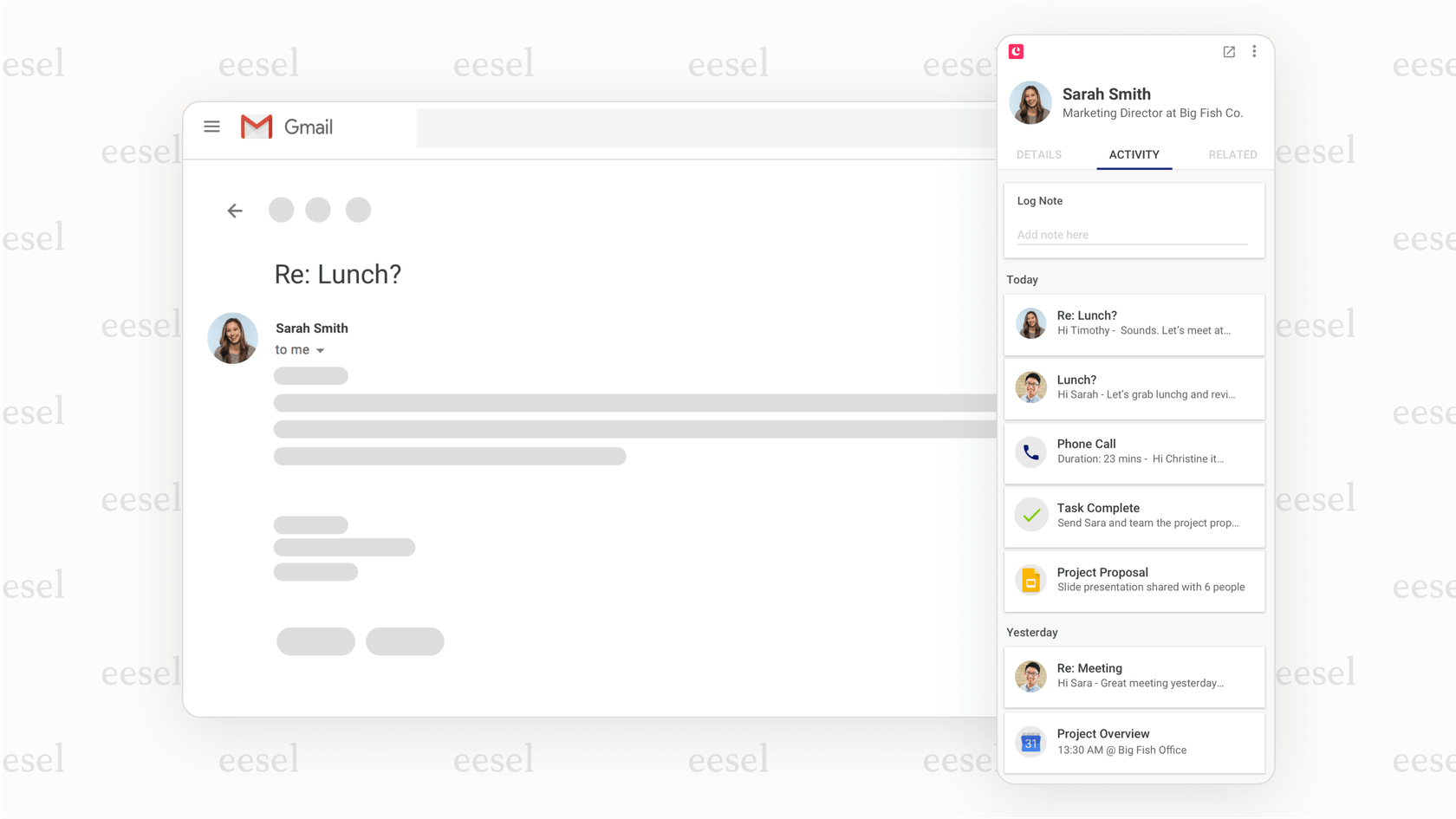 Uma captura de tela demonstrando como o Copper, uma das principais ferramentas de gestão de CRM integradas ao Google, funciona diretamente na interface do Gmail.