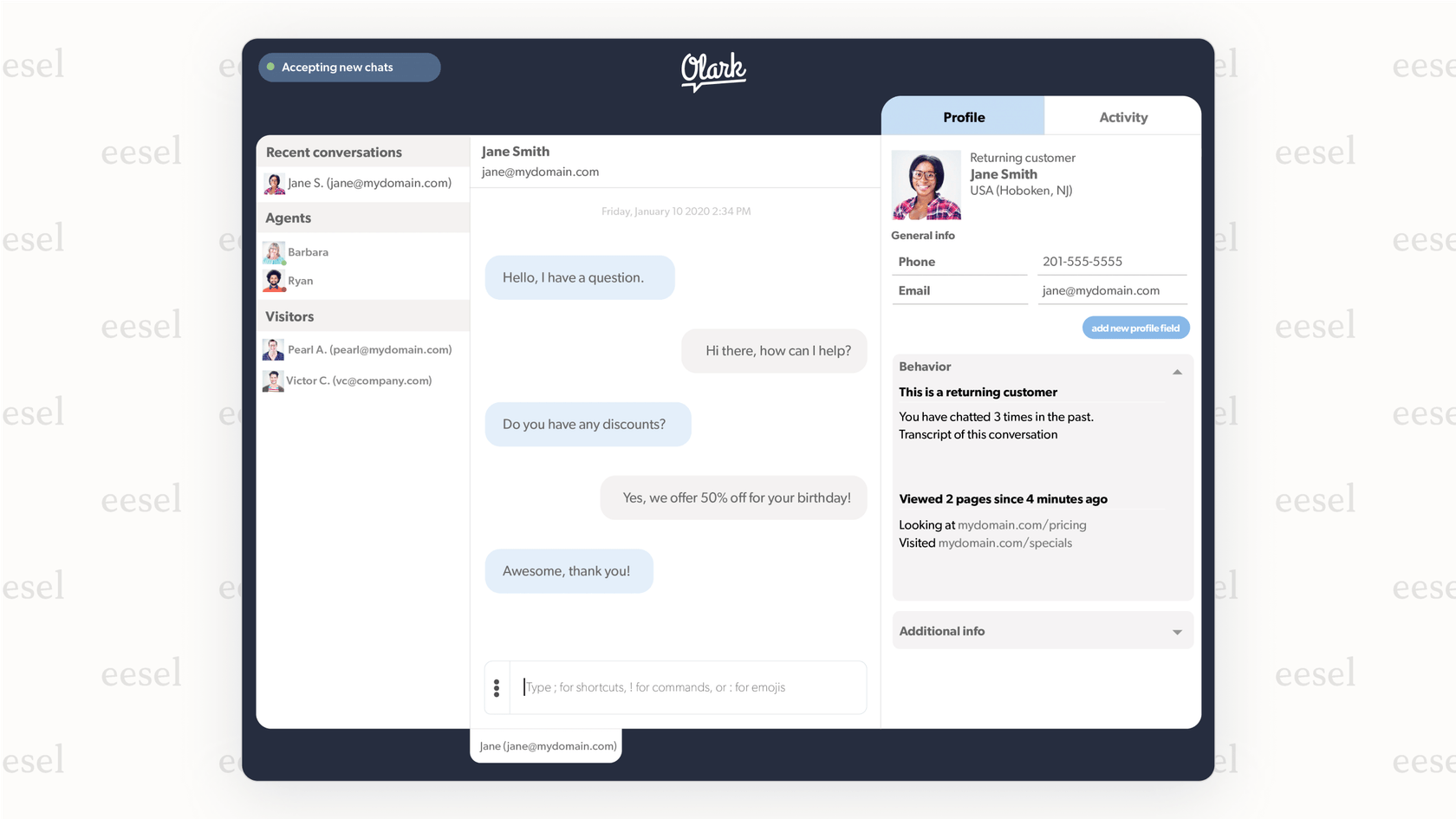 A screenshot of the Olark real-time dashboard, which provides customer data and chat transcripts from its live chat software for website.