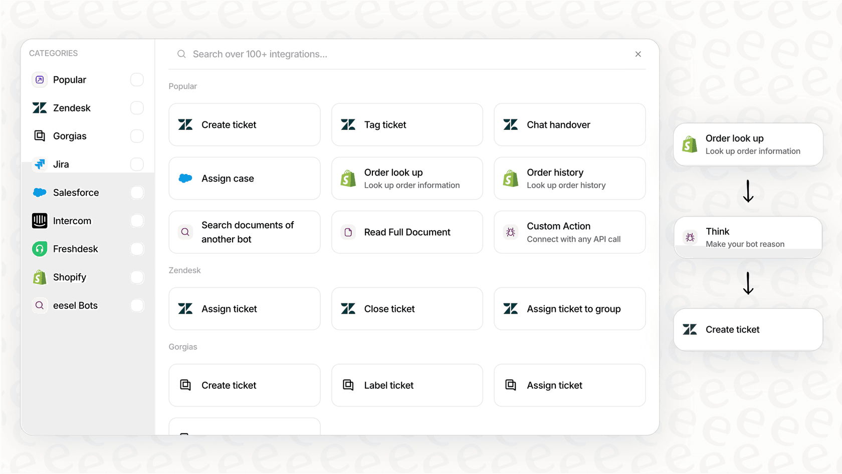 A screenshot of the eesel AI visual editor for building AI workflows, showing an alternative to the code-heavy approach described in the Claude Code best practices.