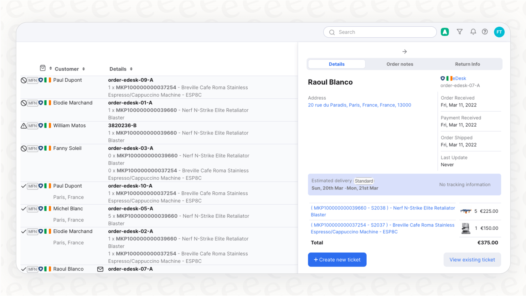 La interfaz del software de help desk para ecommerce eDesk que muestra cómo centraliza los mensajes de soporte al cliente de múltiples marketplaces online como Amazon y eBay en una sola bandeja de entrada.