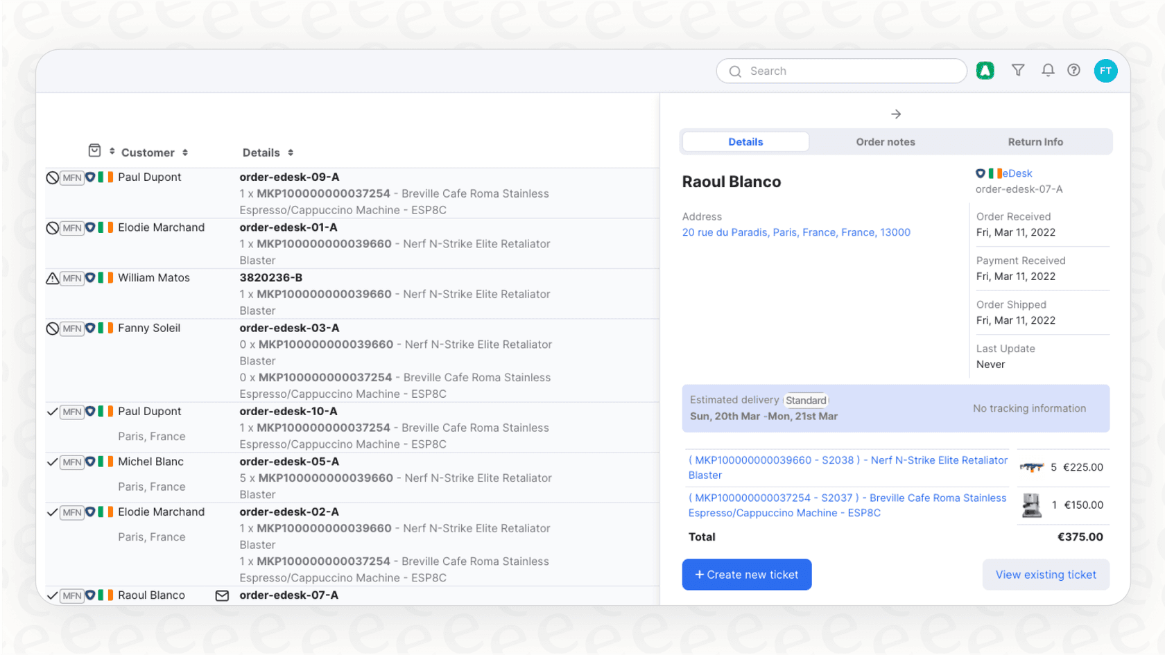A interface do software de help desk para ecommerce eDesk mostrando como ele centraliza mensagens de suporte ao cliente de múltiplos marketplaces online como Amazon e eBay em uma única caixa de entrada.