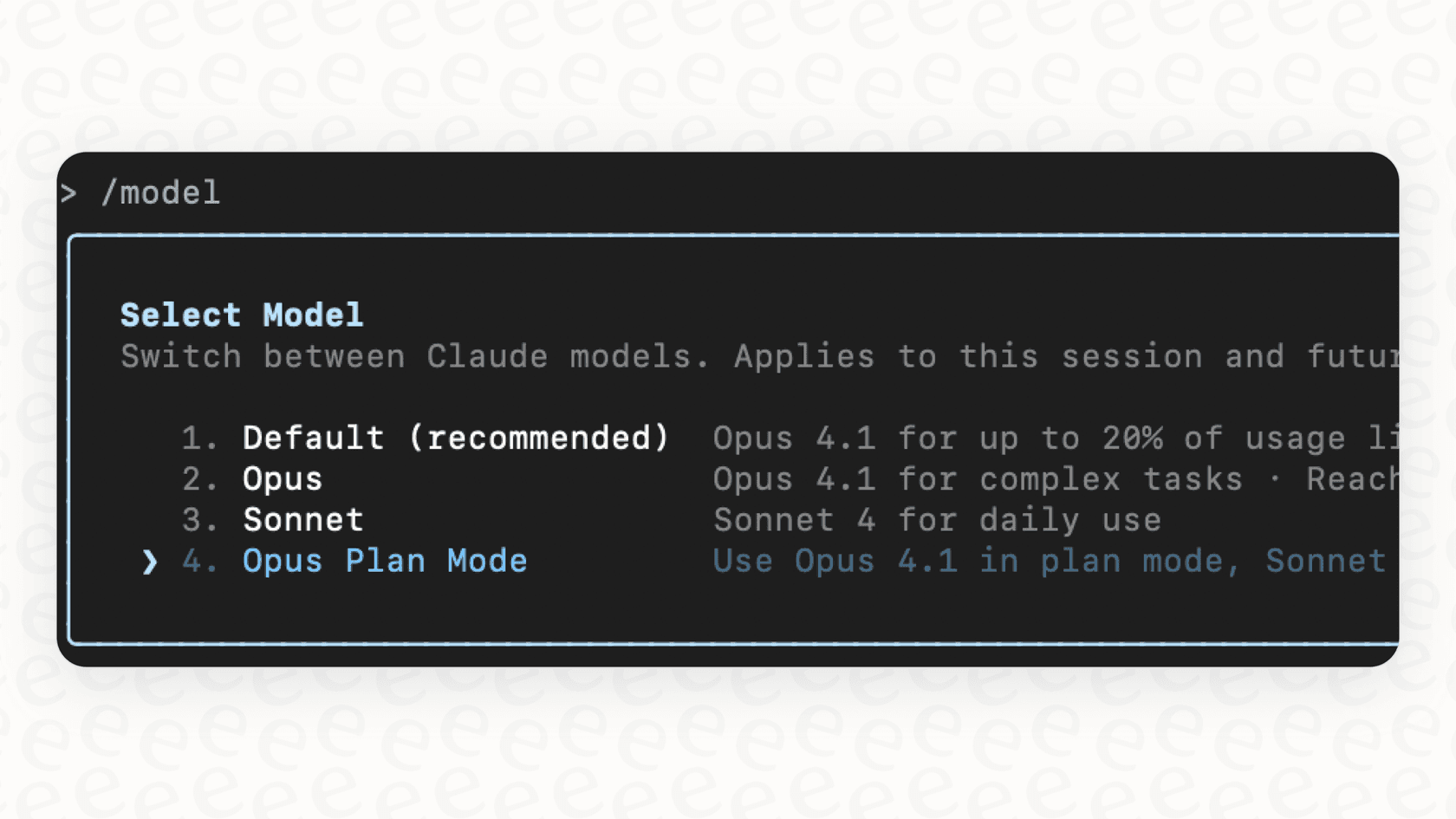 An example of the in-session /model command being used for model configuration in Claude Code.